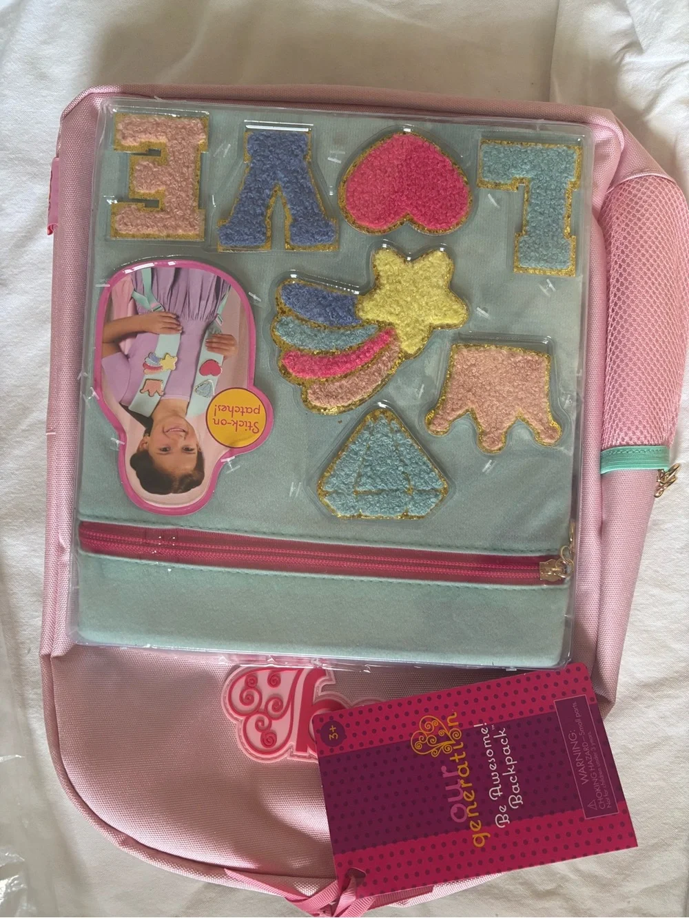 Kids Pink Backpack with Clear Sticker Pouch - LOVE Patch Design